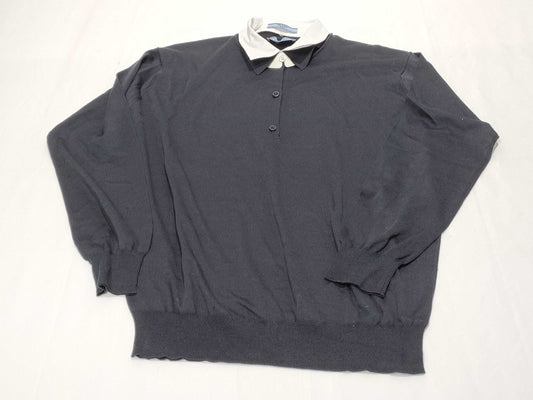 PRADA 24 Silk and Cotton Knit Polo Shirt with Detachable Collar, DNA02S, Navy and White, Size 46, Tops