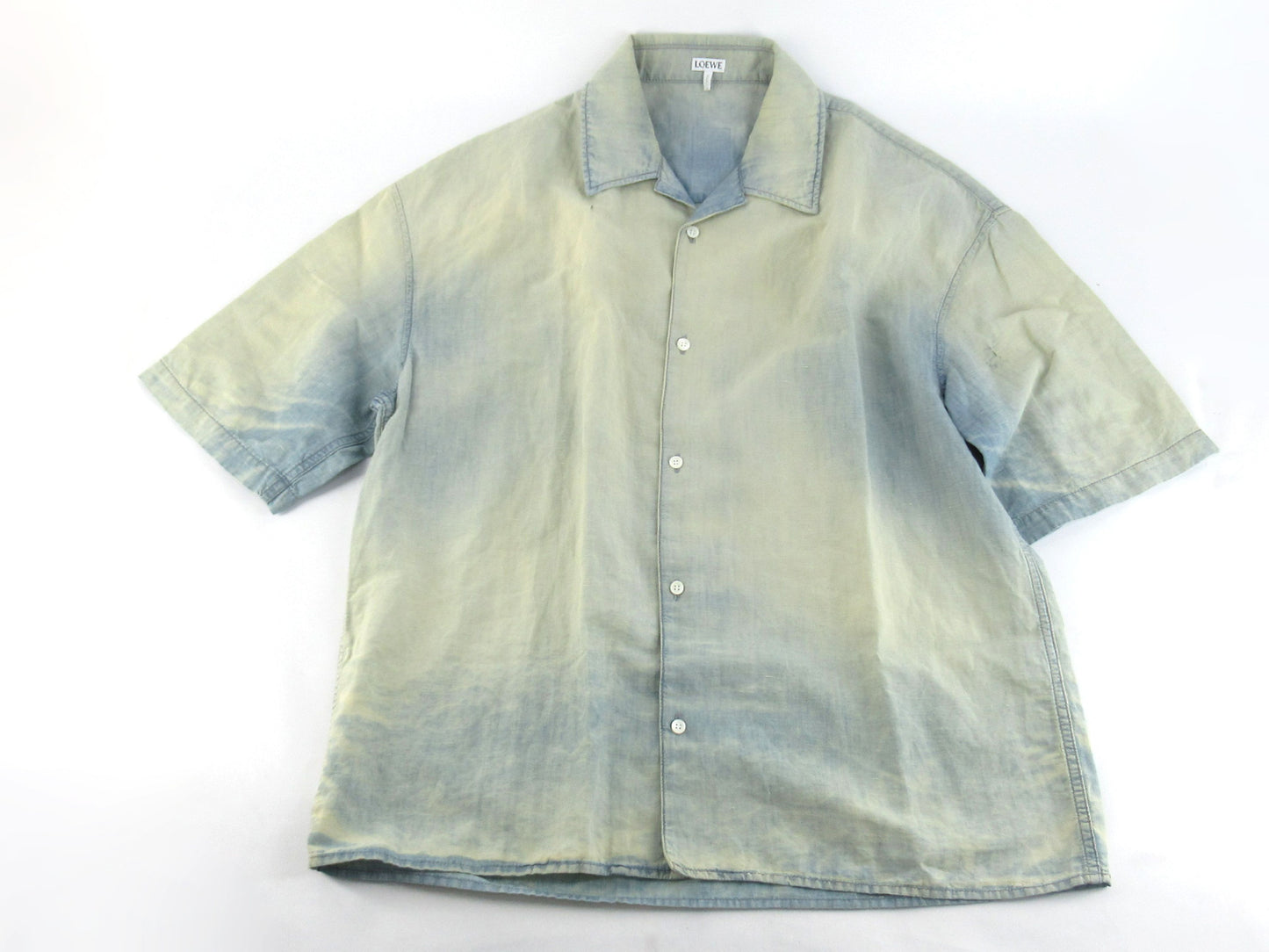 LOEWE 24SS Leather Logo Patch Washed Distressed Short Sleeve Shirt Size 38 Tops