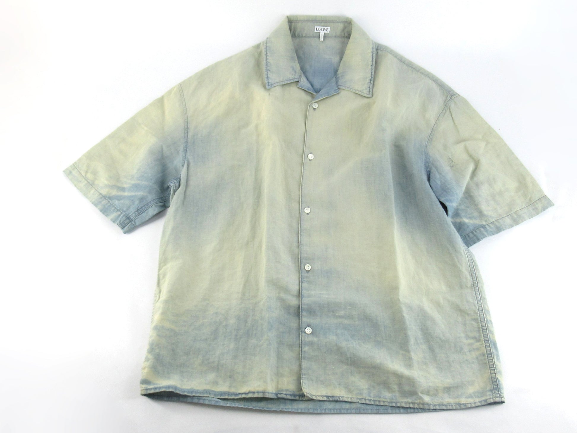 LOEWE 24SS Leather Logo Patch Washed Distressed Short Sleeve Shirt Size 38 Tops