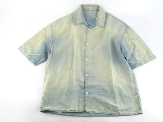 LOEWE 24SS Leather Logo Patch Washed Distressed Short Sleeve Shirt Size 38 Tops