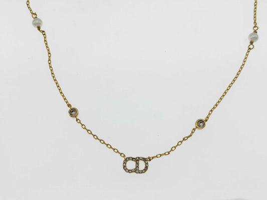 Dior Logo Rhinestone Pearl Necklace