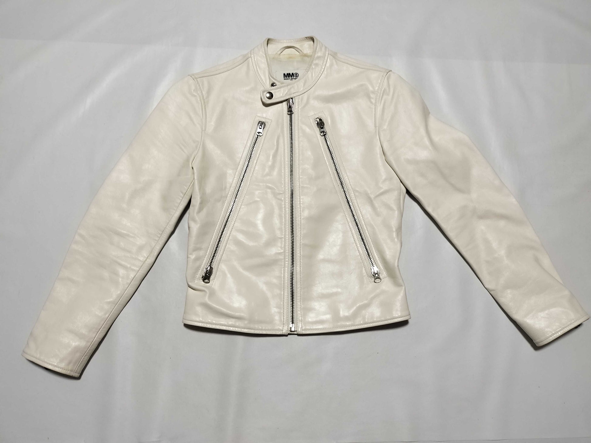Maison Margiela MM6 20SS Leather Eight-Shaped Rider's Jacket, White, Size 36