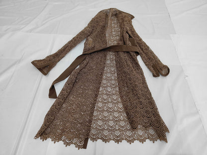 VALENTINO Cotton Full Lace Belted Coat Brown Size 42 Cardigan
