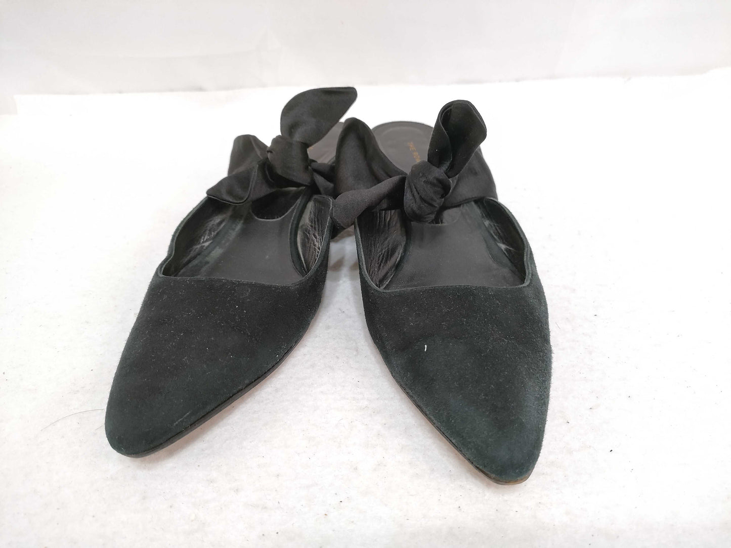 The Row COCO Suede Mules with Ribbon, Black, Size 38