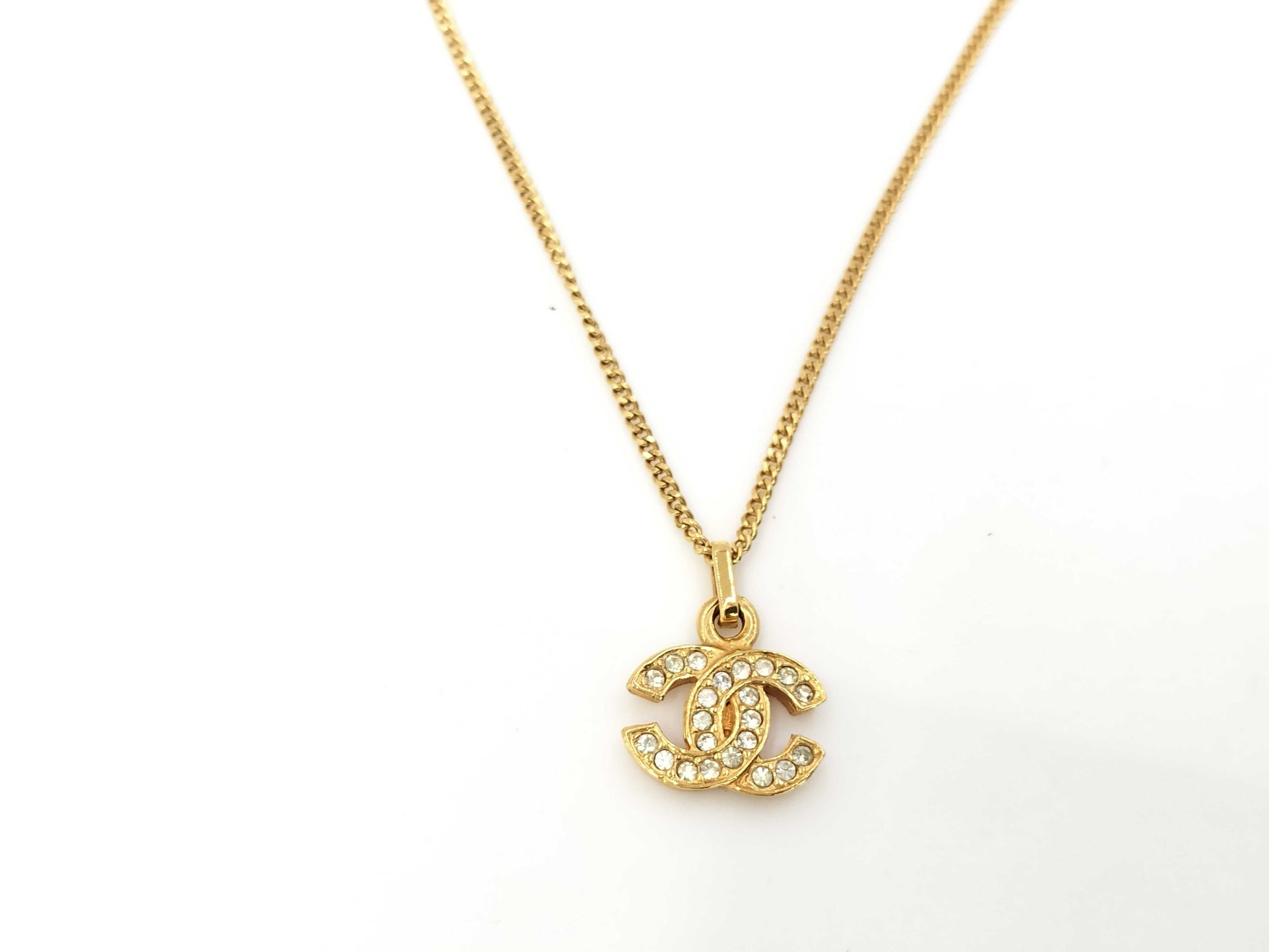 CHANEL 1982 Coco Mark Rhinestone Vintage Necklace in Grand Prix Gold