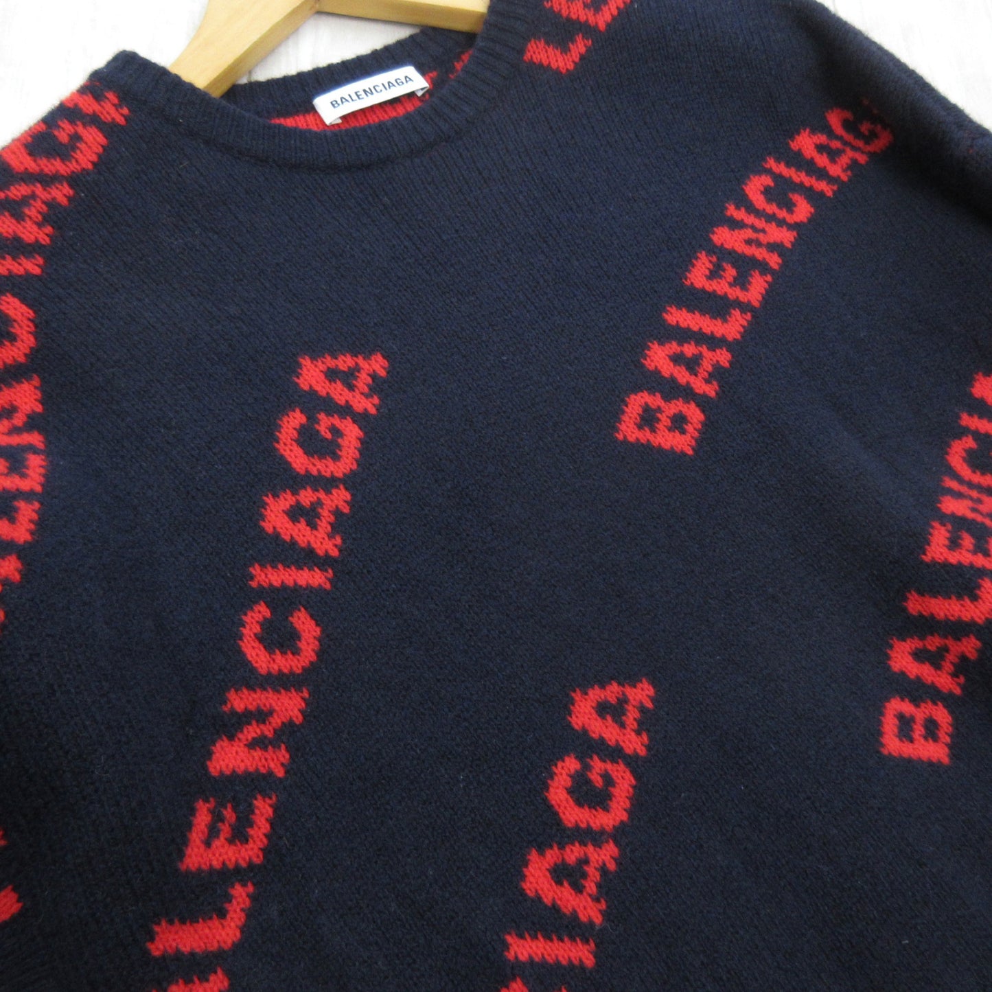 BALENCIAGA Jacquard Knit Sweater 555279 T1473 Logo Print All-Over Print XS Wool Navy Red Balenciaga Japan Tops