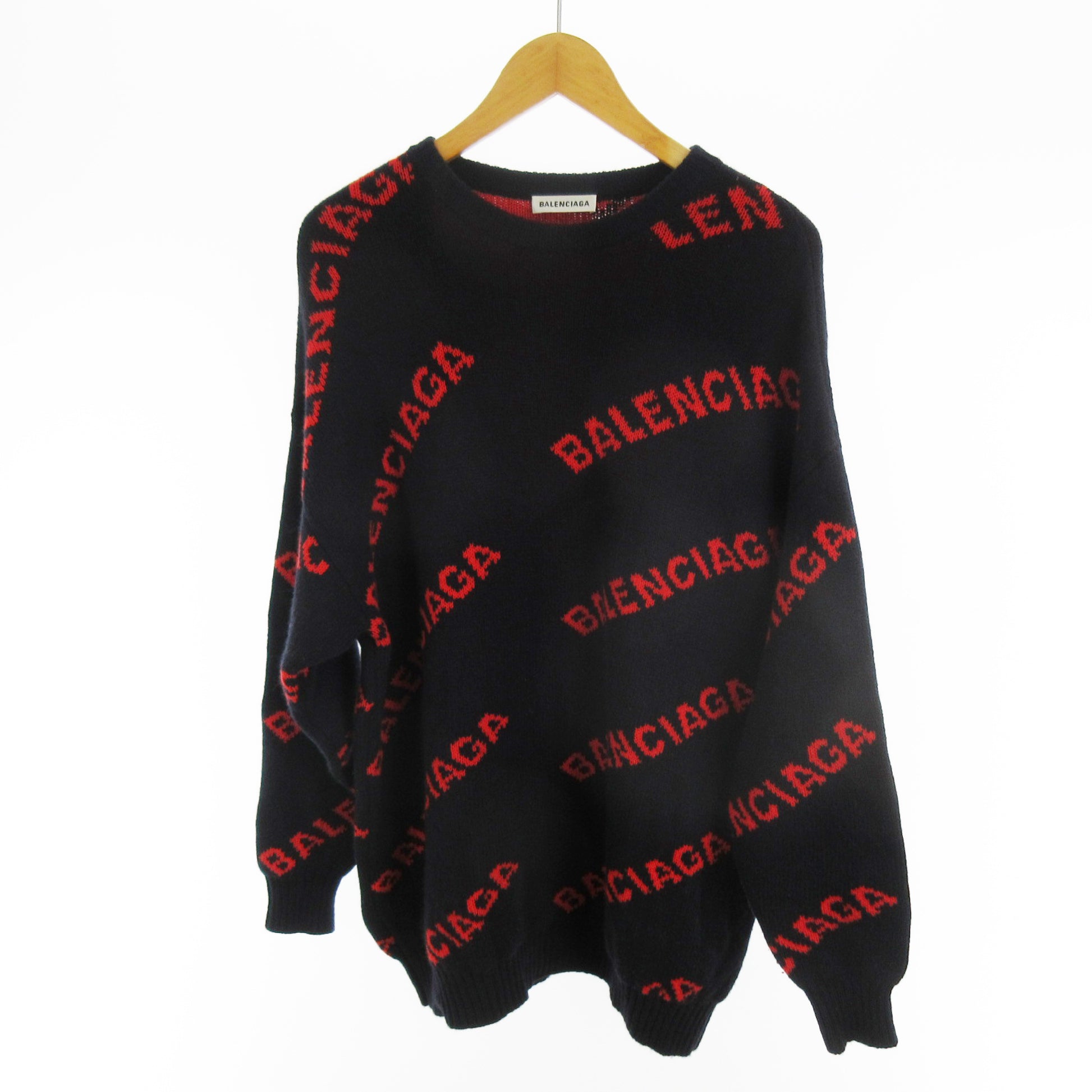 BALENCIAGA Jacquard Knit Sweater 555279 T1473 Logo Print All-Over Print XS Wool Navy Red Balenciaga Japan Tops