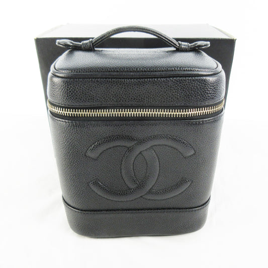 CHANEL #5 Caviar Leather Matelasse Coco Mark Black Gold Hardware Vanity Bag with Seal