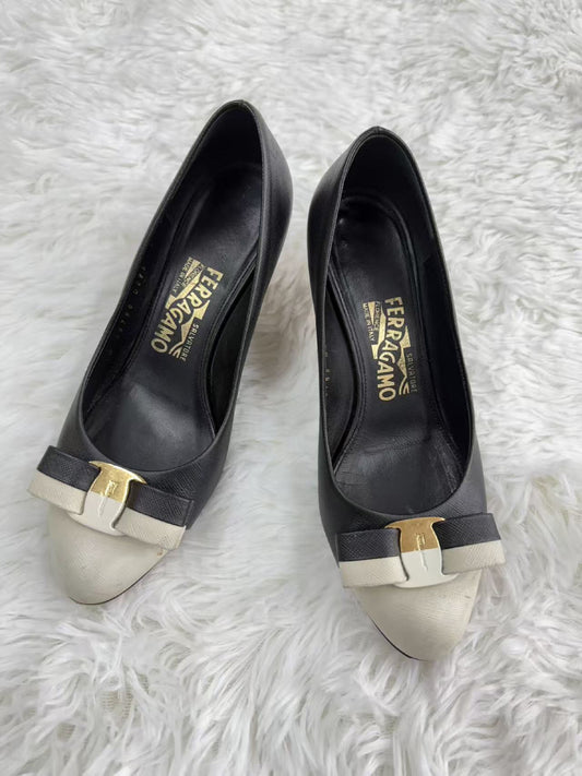 Salvatore Ferragamo Ribbon Black and White Leather Pumps, Size 37, Mules