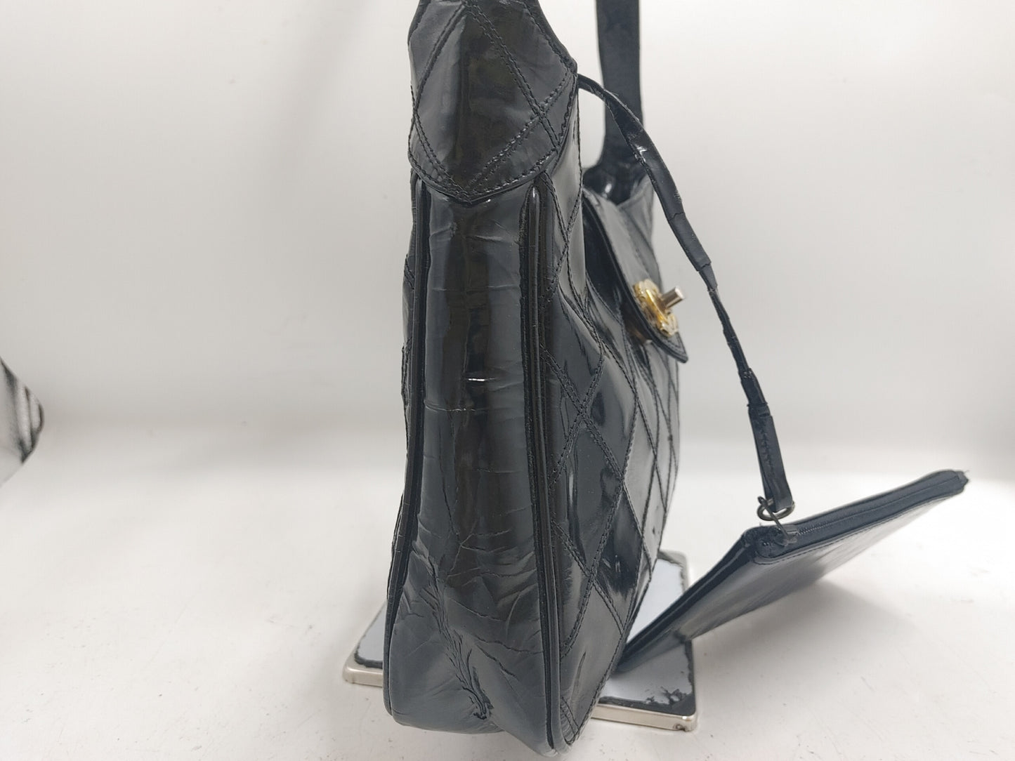 CHANEL Bicolore Turnlock Shoulder Bag with Seal 0647770, Black Patent Leather with Pouch