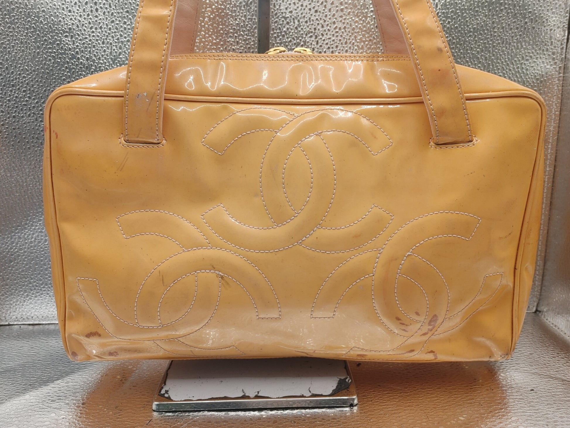 CHANEL Triple Coco Handbag with Seal 9653587 Patent Leather Yellow Handbag
