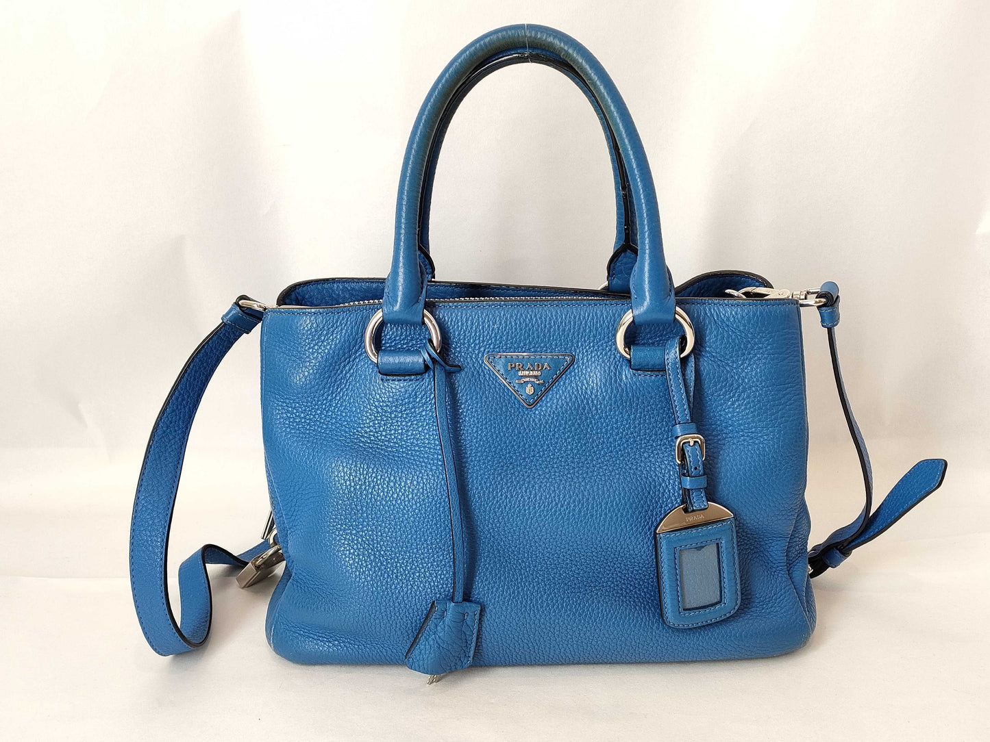 PRADA Prada 2-Way Handbag with Triangular Plate, Leather, Blue