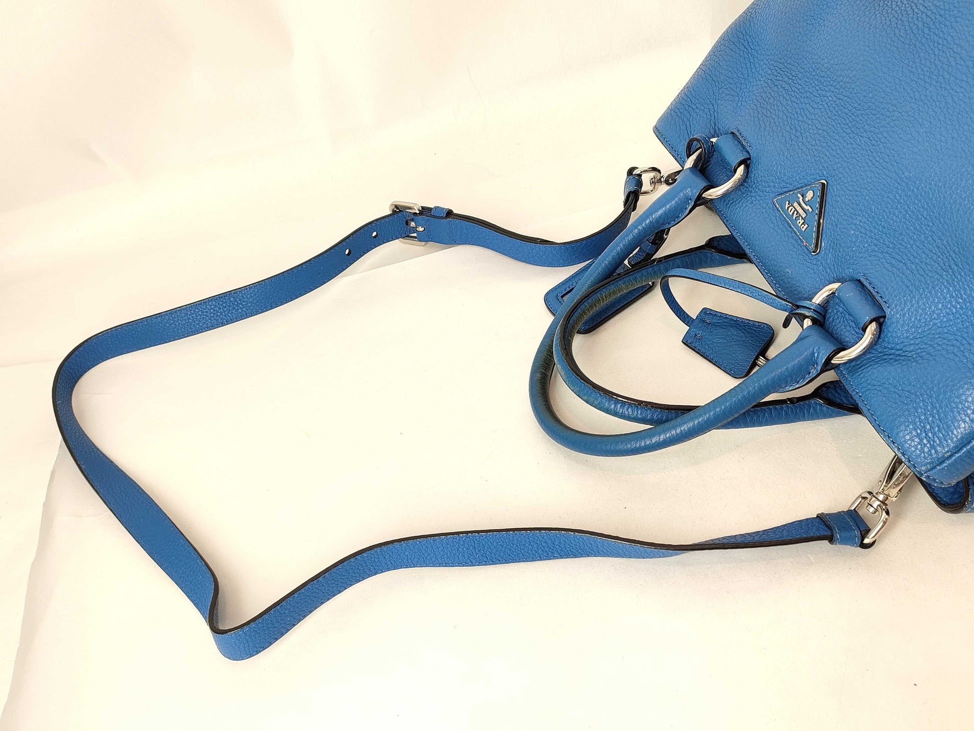 PRADA Prada 2-Way Handbag with Triangular Plate, Leather, Blue