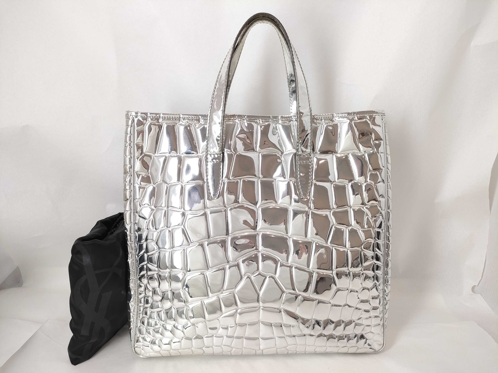 Yves Saint Laurent 188651 Tote Bag Handbag Embossed PVC Silver Tote Bag