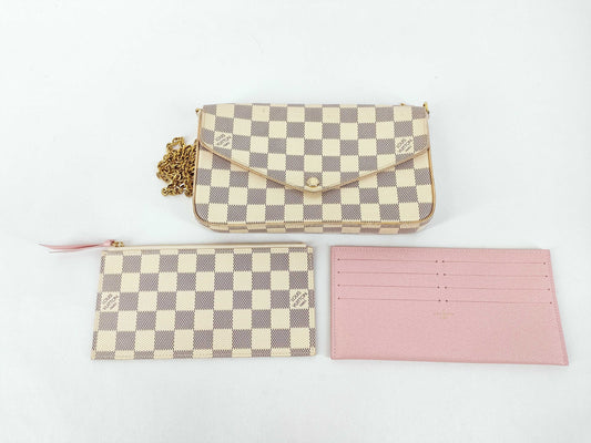 LOUIS VUITTON Damier Azur LOUIS VUITTON N63106 Azur Pochette Felicie Shoulder Bag with Shoulder Strap, Coin Case, and Card Case