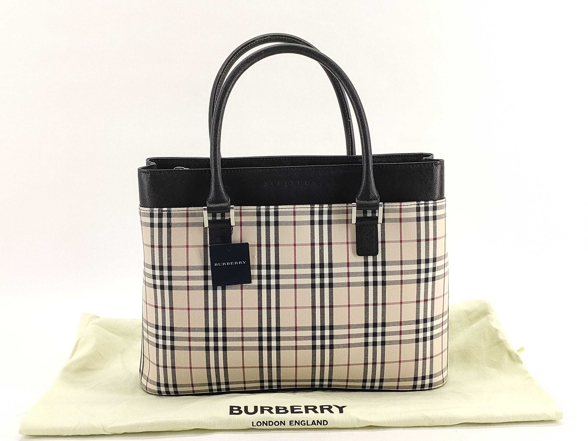 BURBERRY Check Leather Handbag Beige/Black W31cm Tote Bag
