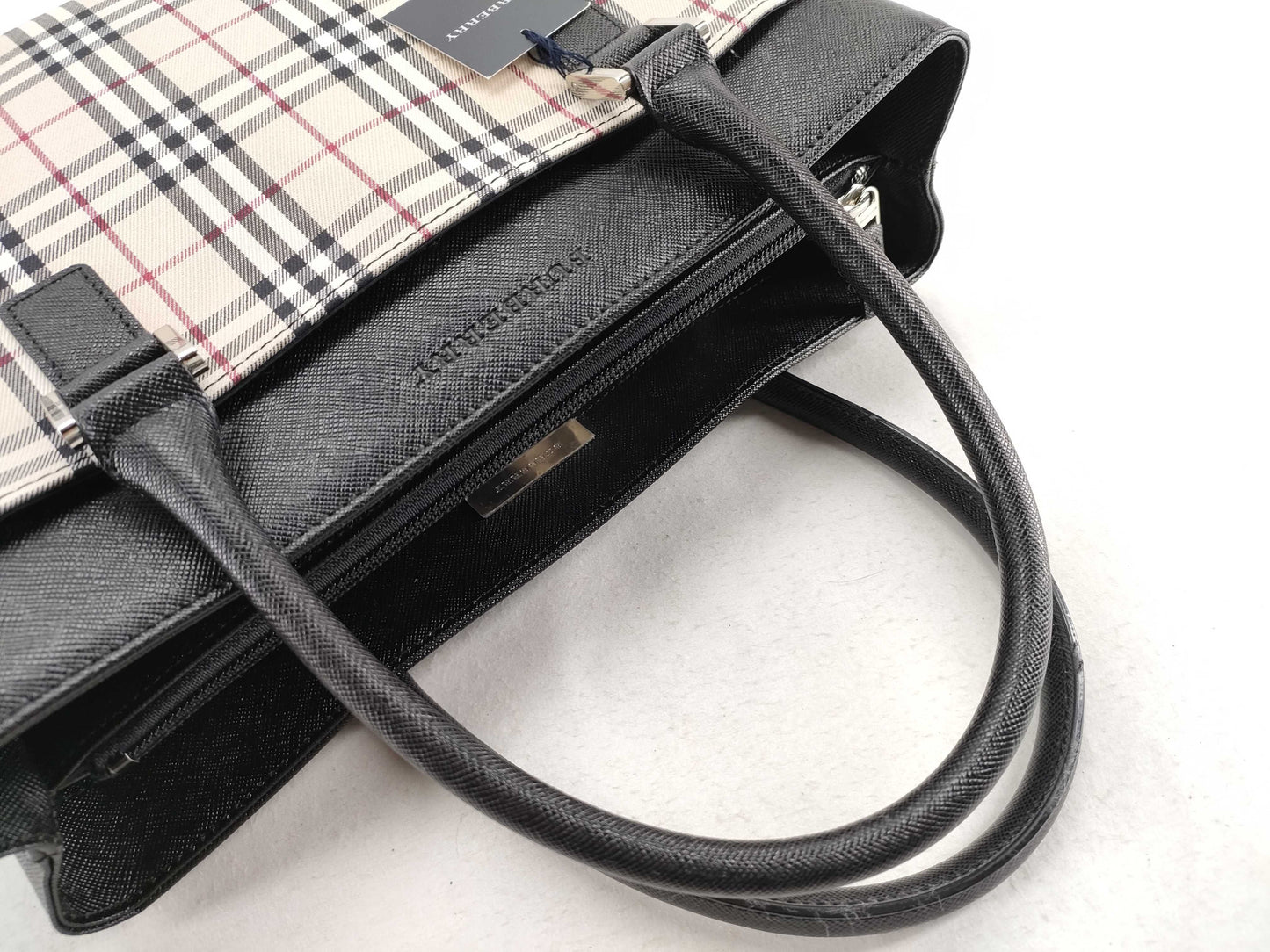 BURBERRY Check Leather Handbag Beige/Black W31cm Tote Bag