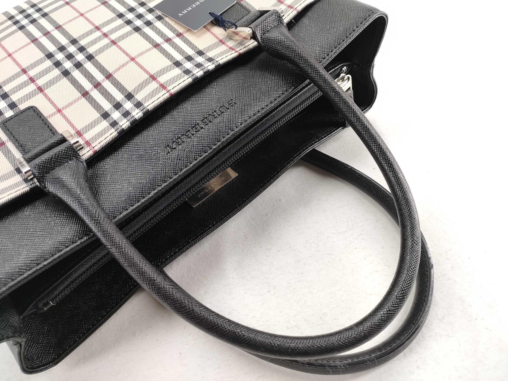 BURBERRY Check Leather Handbag Beige/Black W31cm Tote Bag