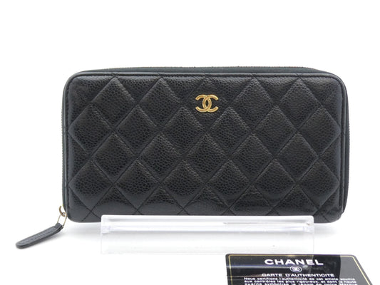 CHANEL Matelasse Coco Mark Caviar Leather Round Zip Wallet