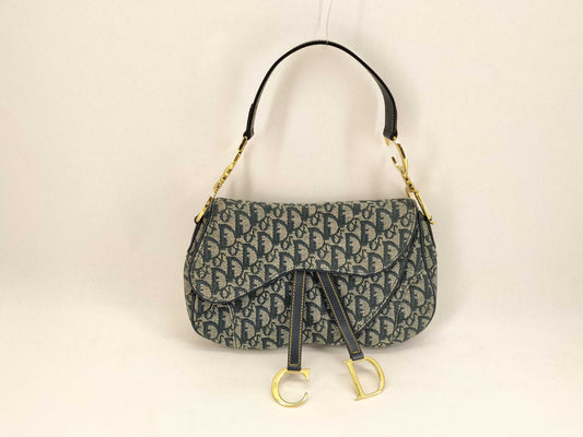 Dior Trotter Christian Dior Double Saddle Bag Trotter Leather Shoulder Bag with Gold Hardware