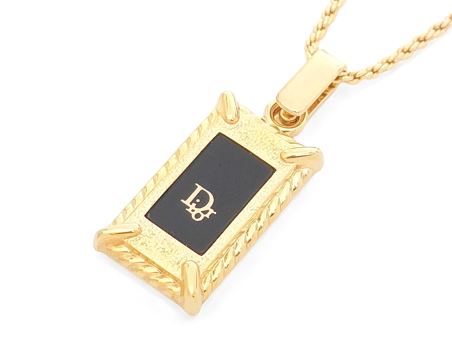Dior Christian Dior Gold & Black Pendant Necklace with Logo and Plate Design, Made in GEARMANY Engraving, 11g