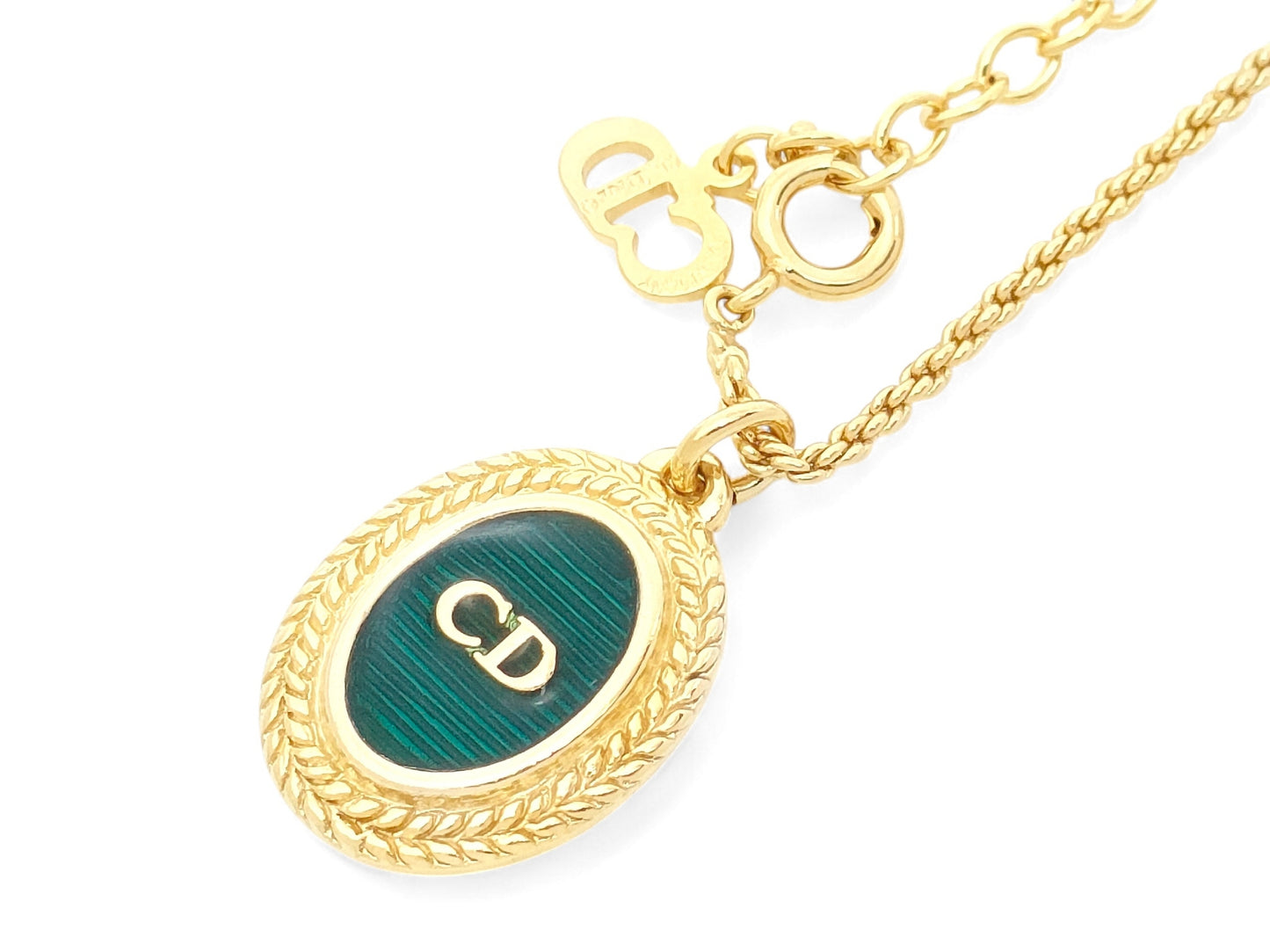 Dior Christian Dior Gold & Green Logo Pendant Necklace with GEARMANY Stamp, 6.7g