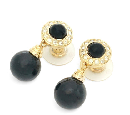 Dior Christian Dior Gold-Tone Swing Black Faux Pearl Earrings with Rhinestones, 9.75g