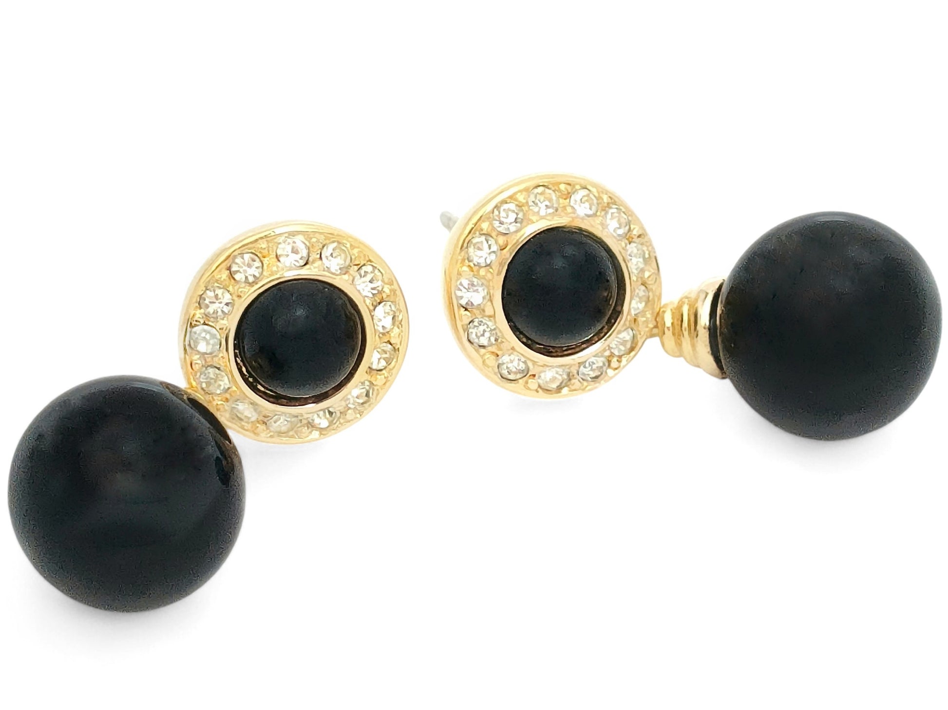 Dior Christian Dior Gold-Tone Swing Black Faux Pearl Earrings with Rhinestones, 9.75g