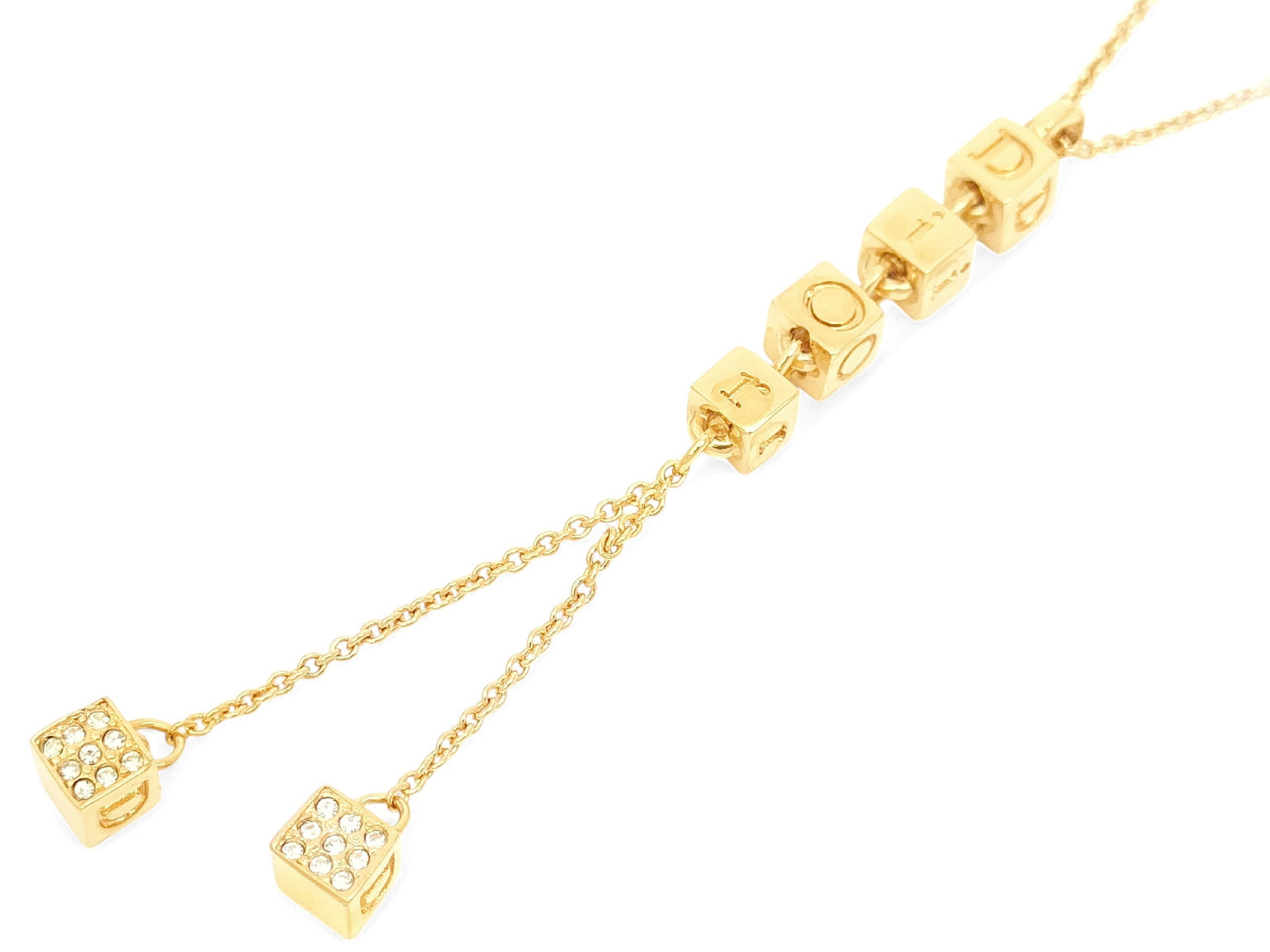 Dior Christian Dior Gold-Colored Rhinestone-Embossed Swing Logo Pendant Necklace, 8.23g