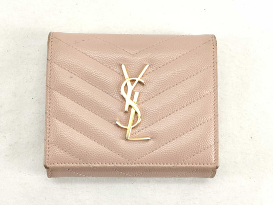SAINT LAURENT Saint Laurent Paris V-Stitch Leather Compact Wallet, Beige, 362672