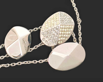 Dior Dior Silver Color Triple Logo Motif Yellow Rhinestone Double Chain Pendant Necklace