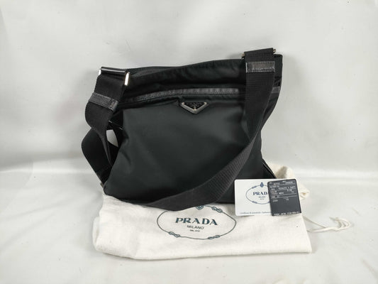 PRADA Nylon VA053M Nylon Shoulder Bag with Logo Belt, Black