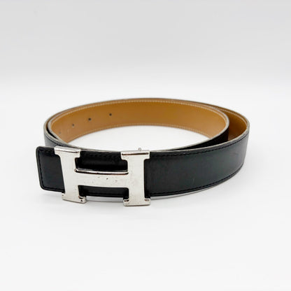 HERMES Constance 90 Leather Belt with Sterling Silver Hardware and Engraved "A" Belt