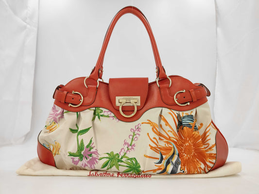 Salvatore Ferragamo Marissa Gancini Handbag Leather Satin Red Flower Bag