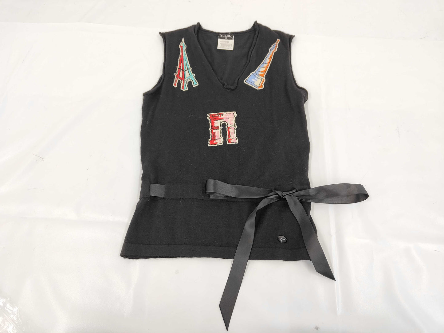 CHANEL CHANEL Sleeveless Top, Paris Streets, P27644V20068 #38, Eiffel Tower, Black, Ribbon Top
