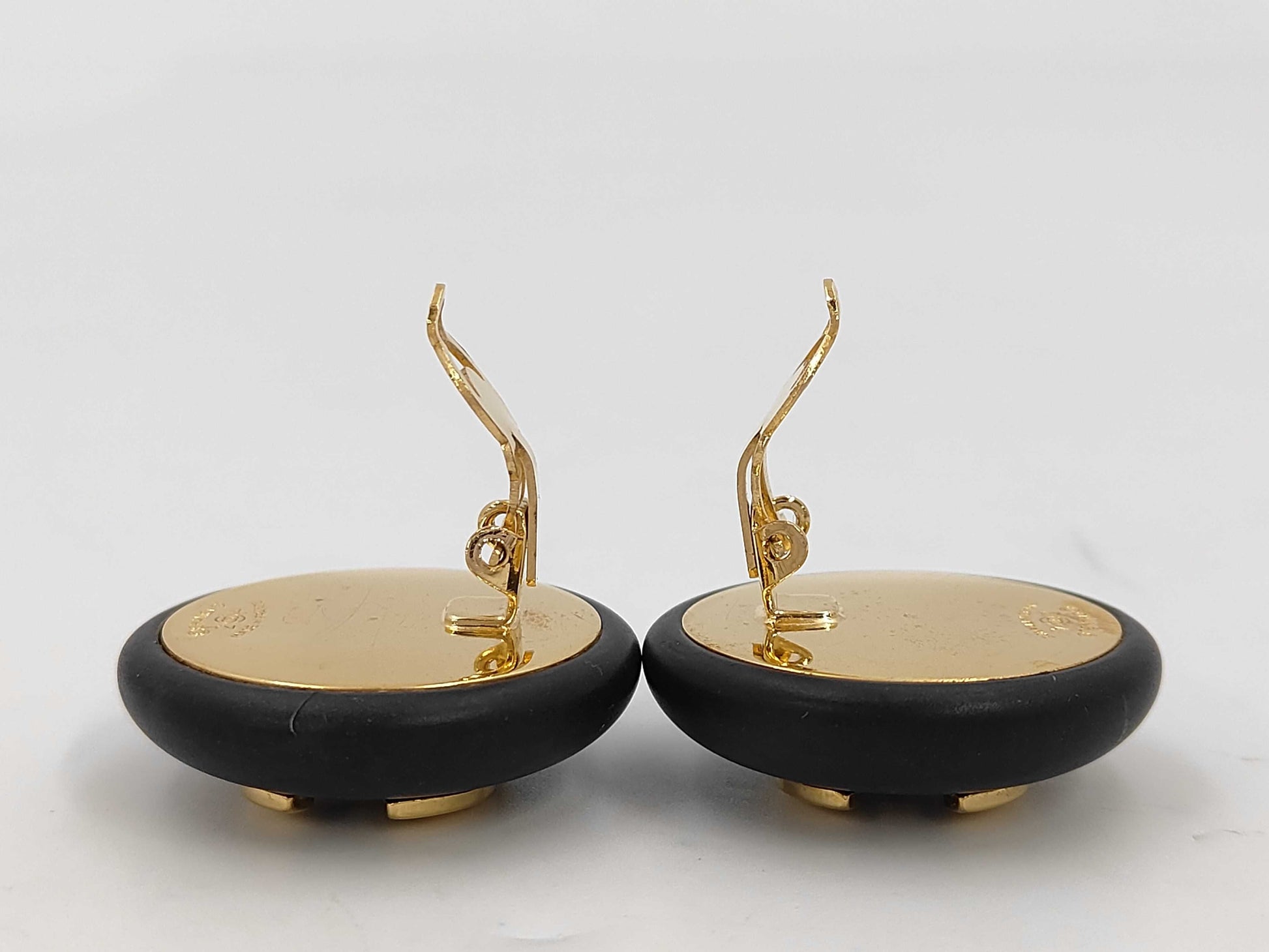 CHANEL CHANEL Earrings, Coco Mark, Black x Gold, 2 4 Engraved, Big Size Earrings