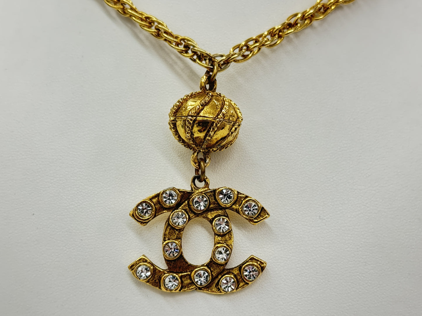 CHANEL Coco Mark Rhinestone Gold Vintage Necklace Engraved
