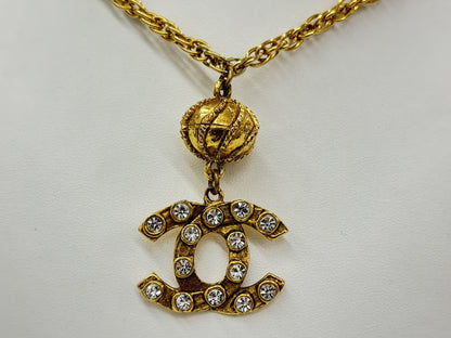 CHANEL Coco Mark Rhinestone Gold Vintage Necklace Engraved