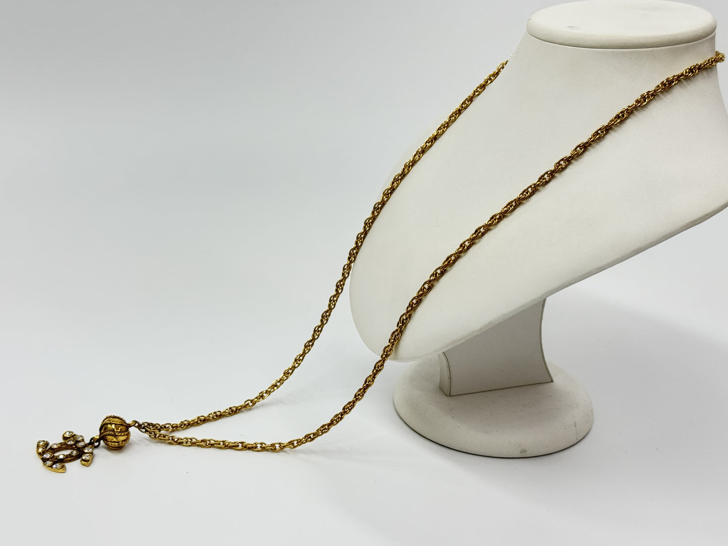 CHANEL Coco Mark Rhinestone Gold Vintage Necklace Engraved