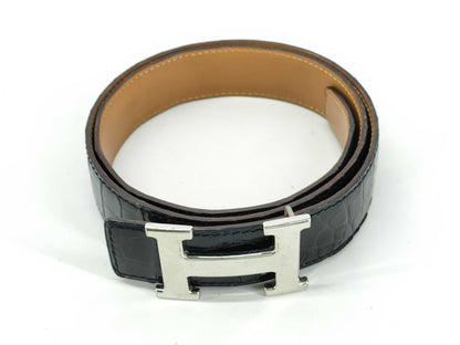 HERMES Shiny Alligator Belt Size 90 Approximately 96cm in Length H Stamp Black Belt