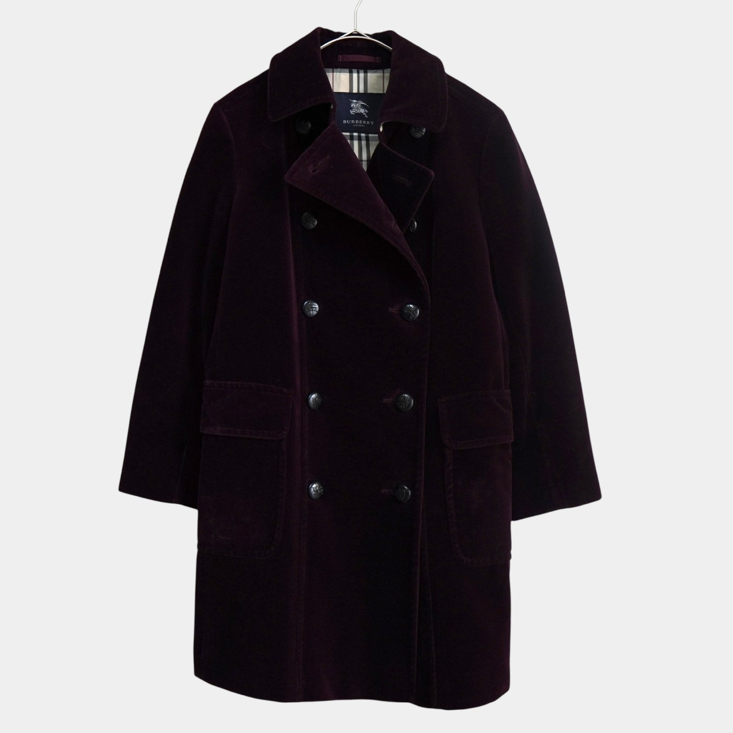 BURBERRY Burberry London Horse Logo Leather Button Nova Check Lining Velour Balcony Coat, Bordeaux, Women's, Size 9