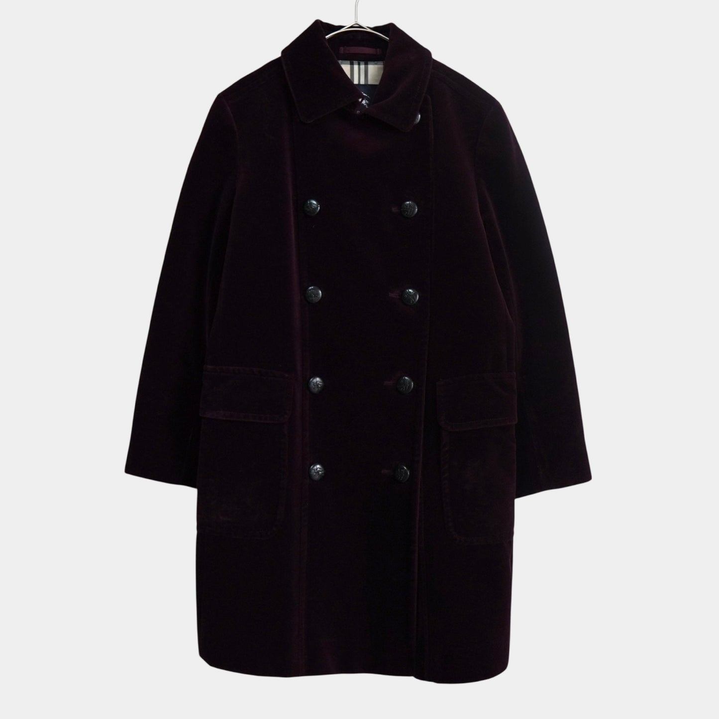 BURBERRY Burberry London Horse Logo Leather Button Nova Check Lining Velour Balcony Coat, Bordeaux, Women's, Size 9