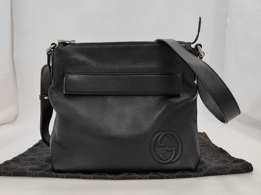 GUCCI 322059 Leather Interlocking G Shoulder Bag, Black, with Dust Bag, 204990 Shoulder Bag