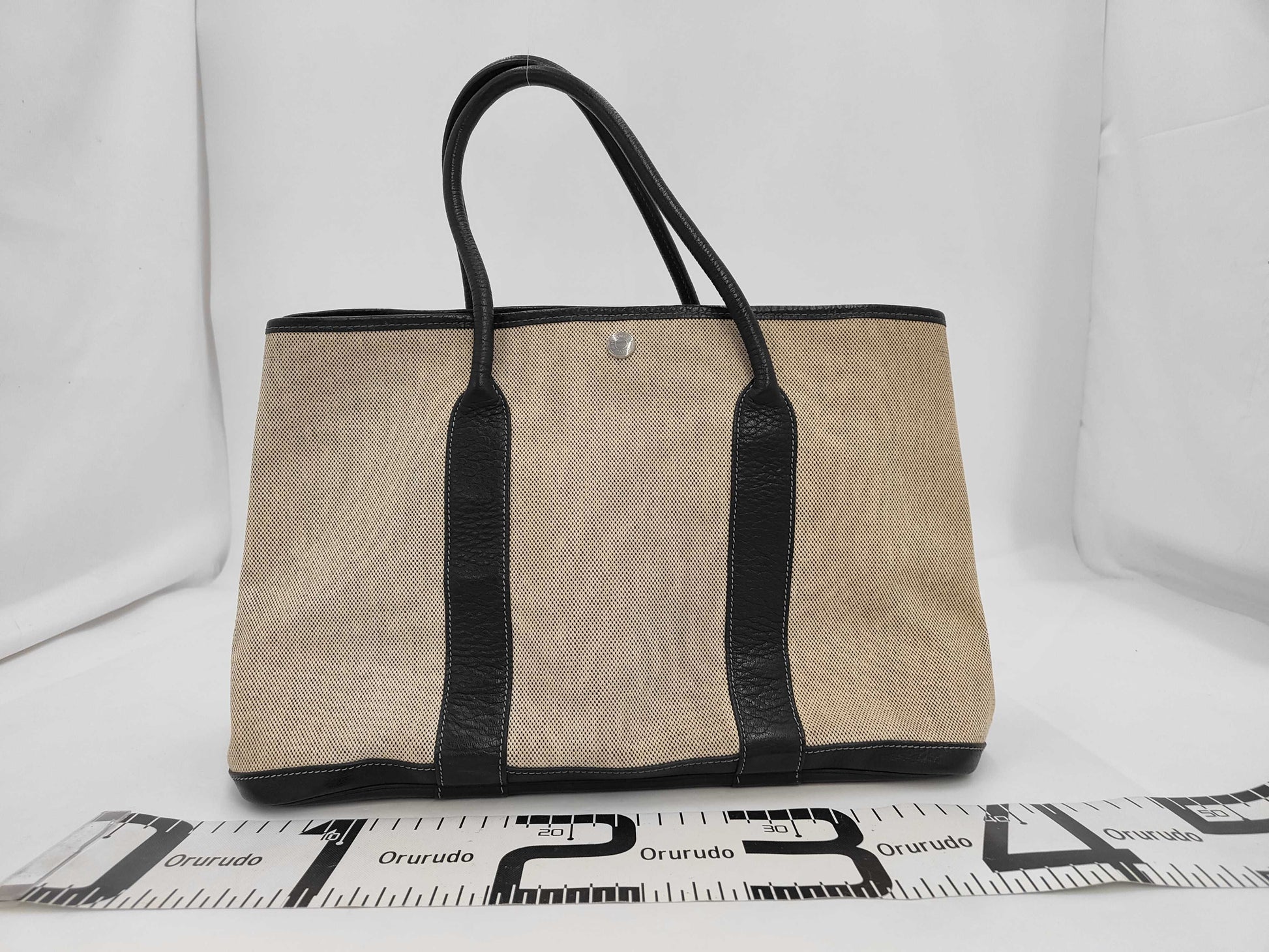 HERMES Canvas x Leather Garden Party MM Beige Black Natural T Stamp 2015 Handbag
