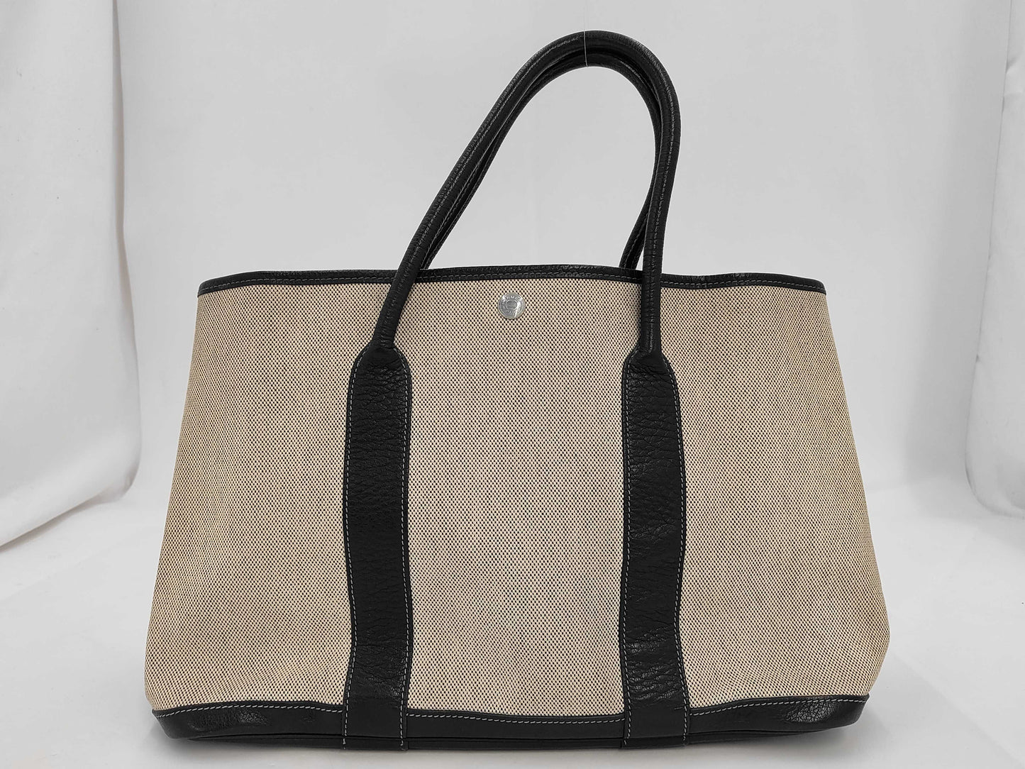 HERMES Canvas x Leather Garden Party MM Beige Black Natural T Stamp 2015 Handbag