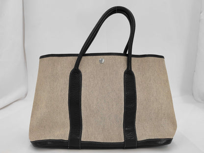 HERMES Canvas x Leather Garden Party MM Beige Black Natural T Stamp 2015 Handbag