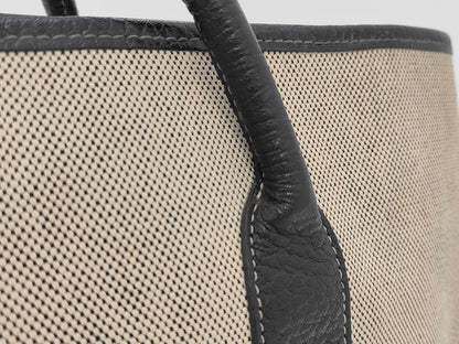 HERMES Canvas x Leather Garden Party MM Beige Black Natural T Stamp 2015 Handbag