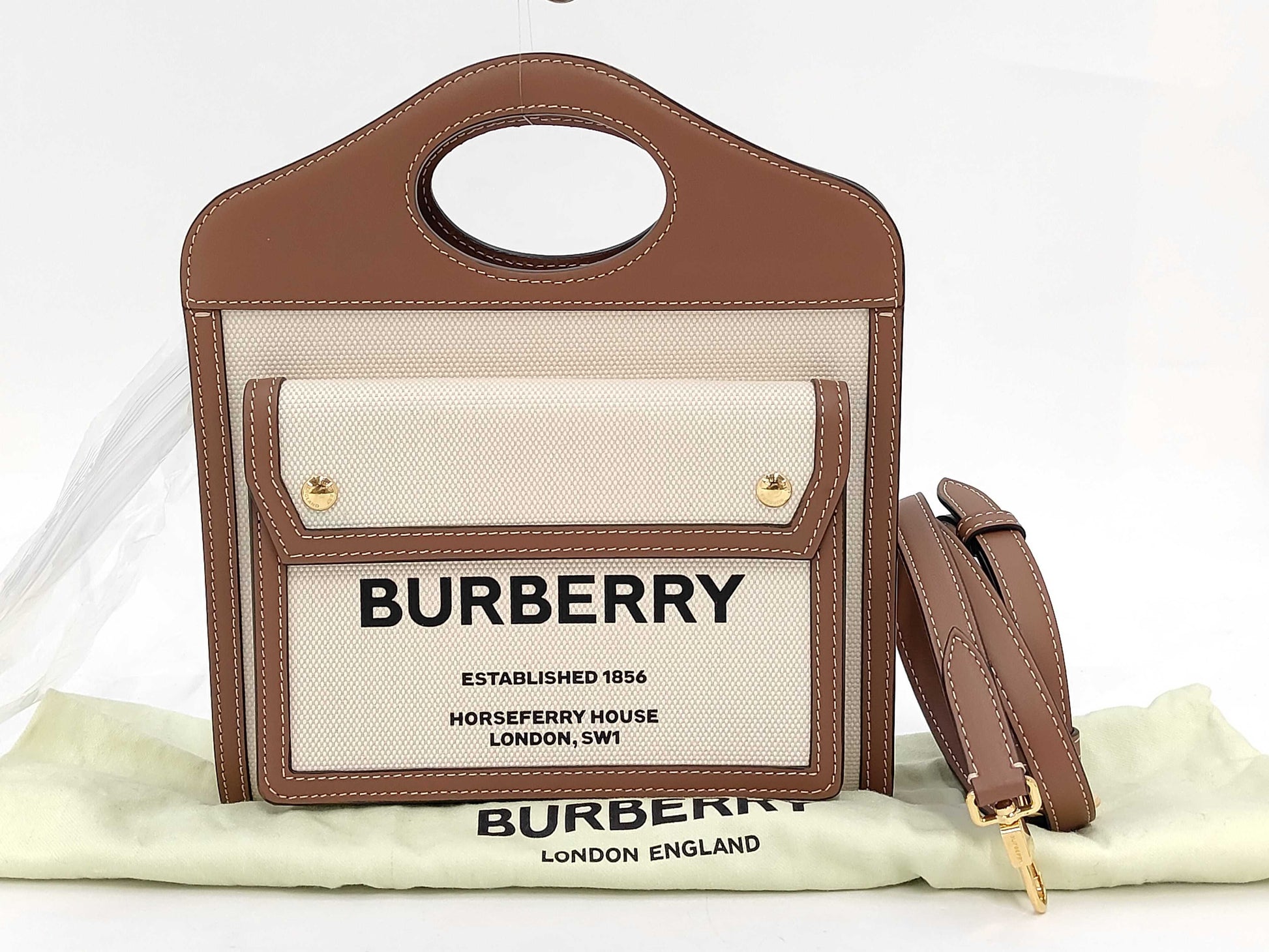 BURBERRY Canvas and Leather 2-Way Handbag in Brown and Beige, Includes Shoulder Strap and Dust Bag