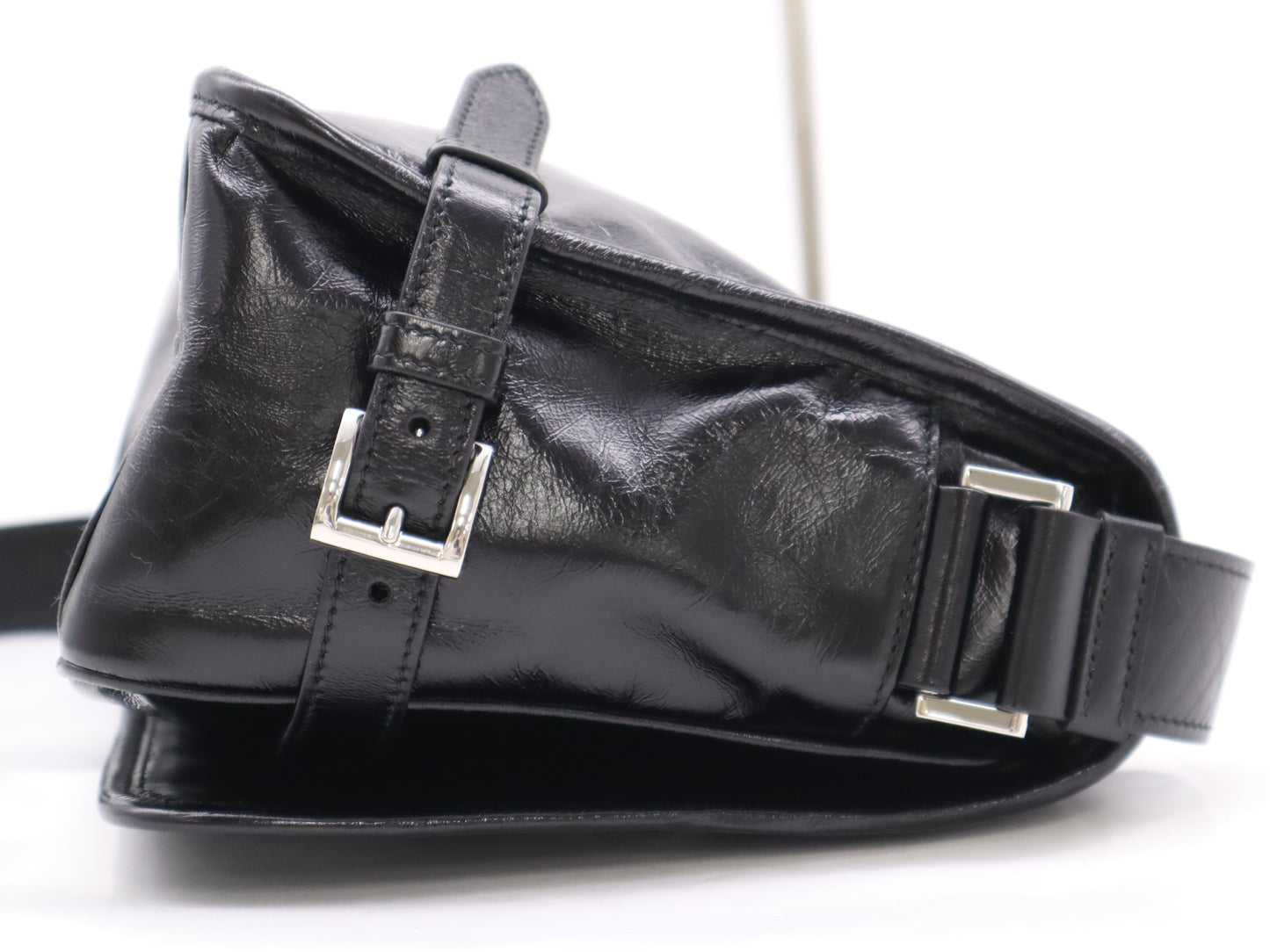 PRADA Soft Look Leather Triangle Logo Black Shoulder Bag