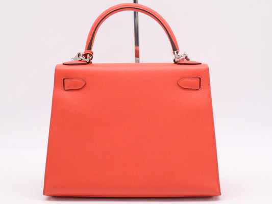 HERMES Kelly 28 Bougainvillea Handbag with Epson X Stamp, Shoulder Strap, Dust Bag, Cloche, Cadena, and Two Keys